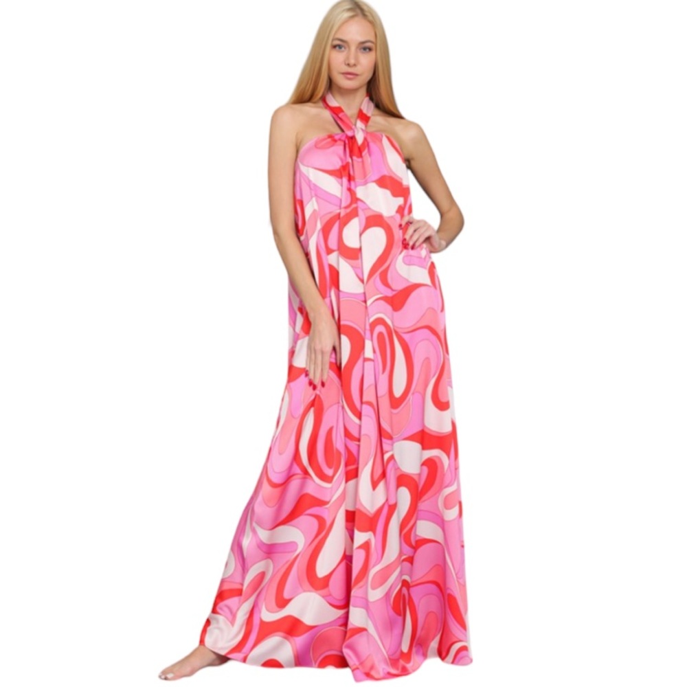 62. Women’s Coral/Pink Print Halter Backless Maxi Dress NWT